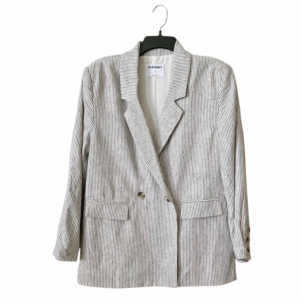 Old Navy Blazer Women's Size S Charcoal Stripe Double Breasted Linen Blend Coat